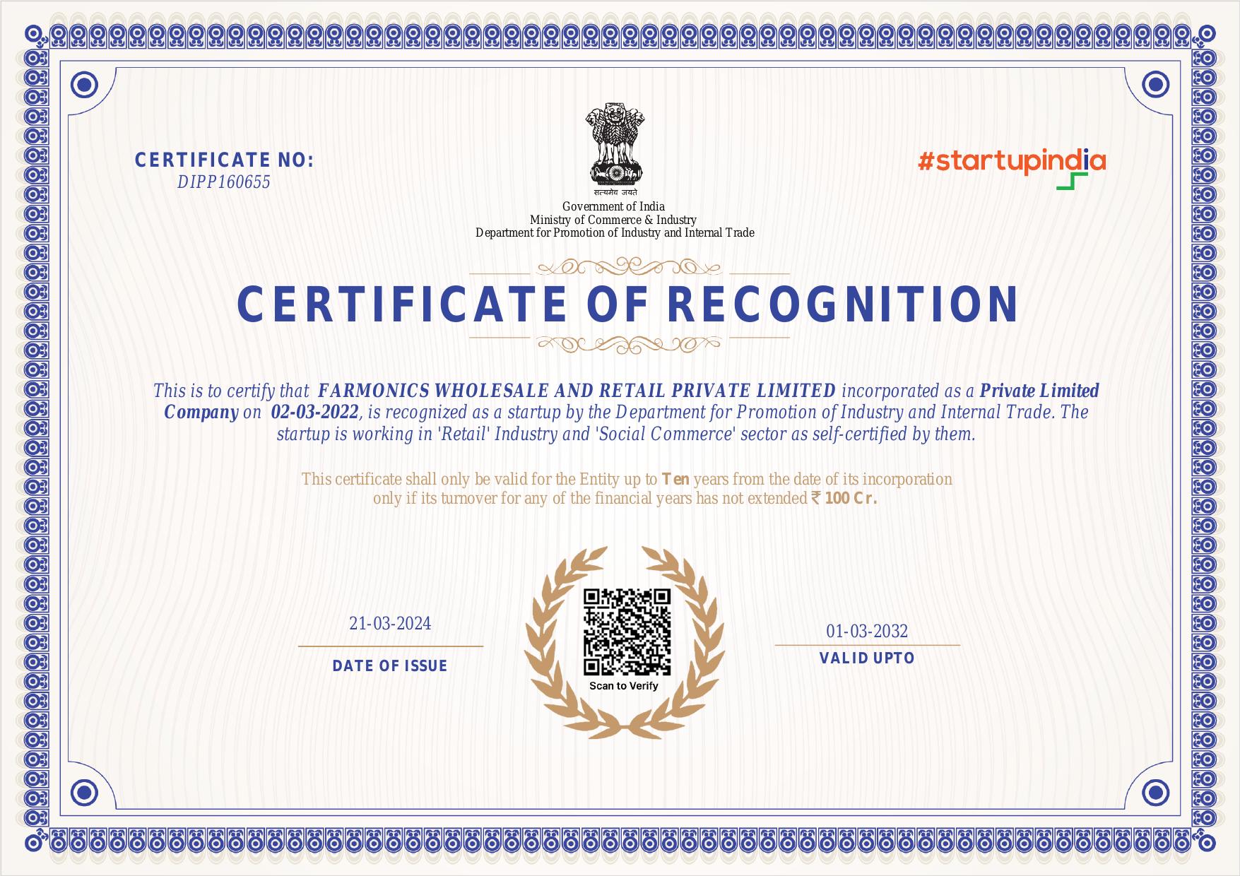 Startup India — Certificate of Recognition